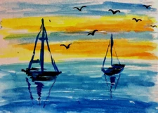 ACEO Mini **Art Print** of Painting Blue Sea Sunrise & Sailboats by Saulite