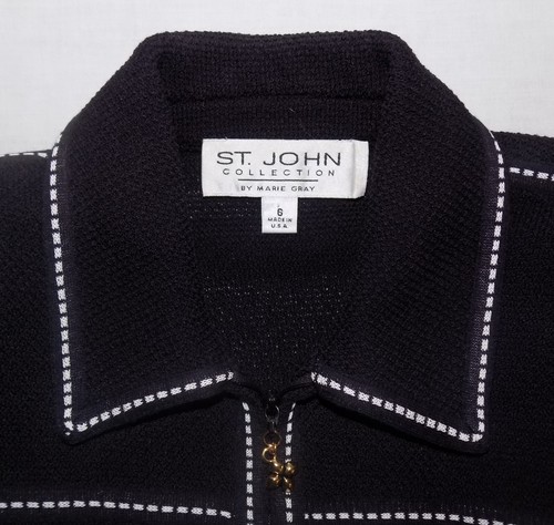 St John Collection Black Pique Knit, Dashed White Trim Zip Front Blazer Jacket 6 - Picture 6 of 6
