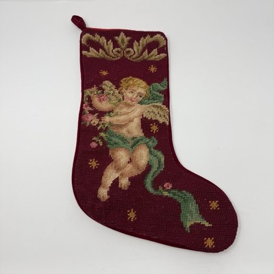 Vintage Imperial Elegance Christmas Stocking Wool Needlepoint Cherub Angel Red