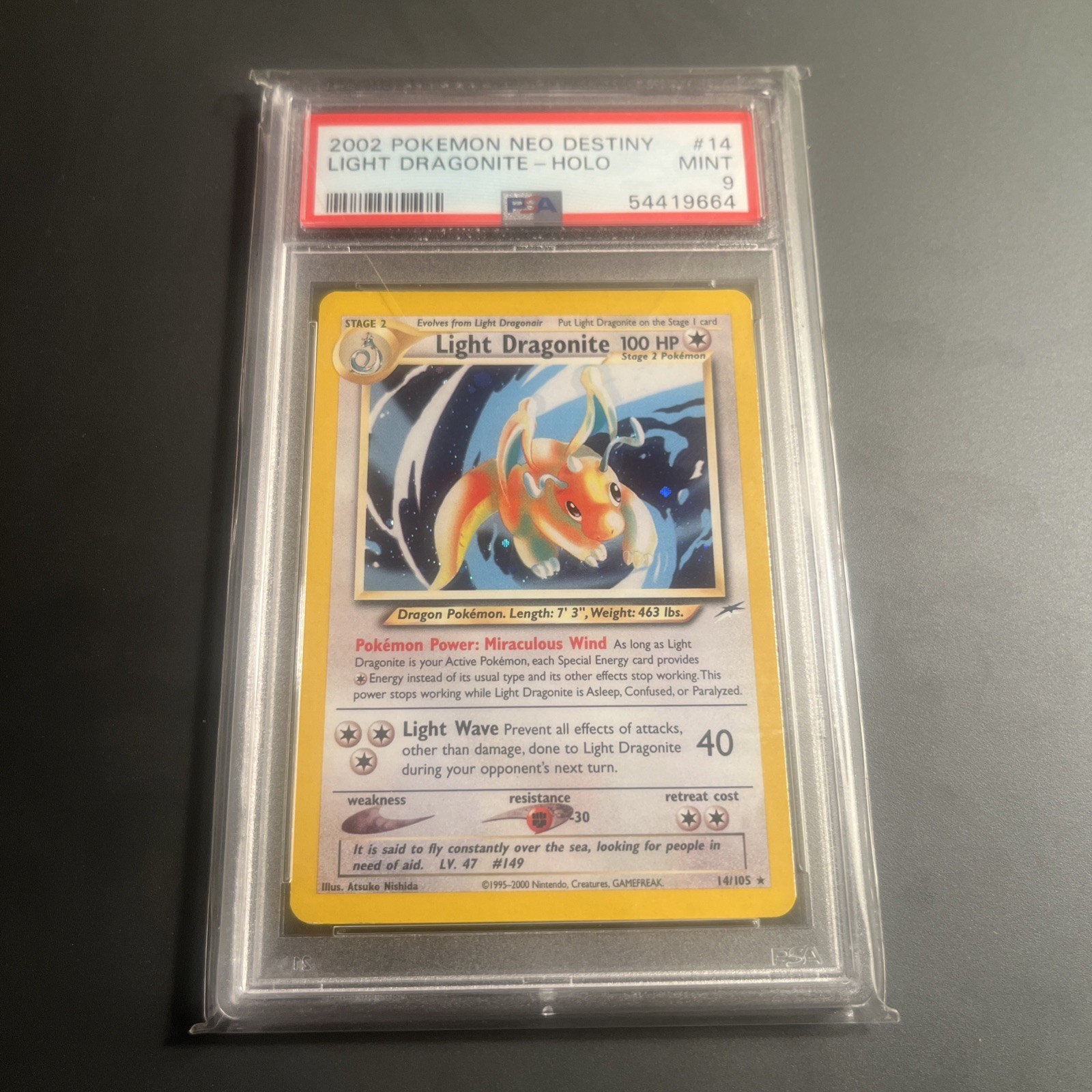 Pokémon Neo Destiny Light Dragonite Unlimited Holo #14 - PSA 9 Mint
