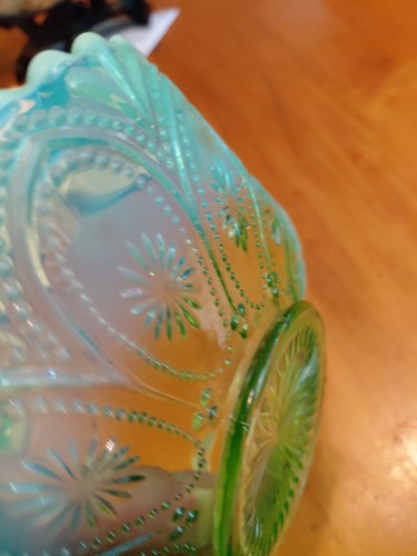 Northwood Glass Bowl Spokes and Wheels Jadeite Opalescent Edged Tri Fold 1906 - Picture 7 of 11