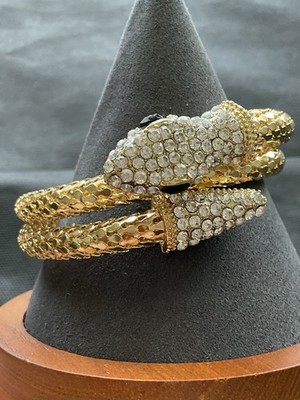 Vintage Gold Tone Mesh Snake Wrap Bracelet Green Eyes Clear Rhinestone 
