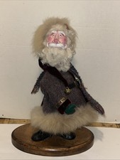VTG Handcrafted Folk Art Old World Santa Resin Faux Fur Fabric Wood Base 16"