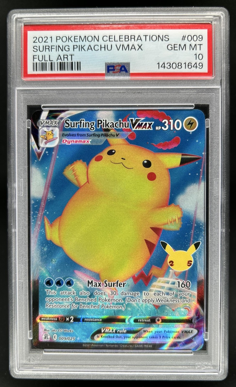 2021 Pokemon SWSH Celebrations Surfing Pikachu VM #009/025 PSA 10 GEM MINT