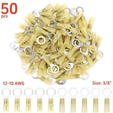 50Pcs Heat Shrink Ring Terminal wire Connector Yellow 12-10 AWG Gauge 3/8" Hole