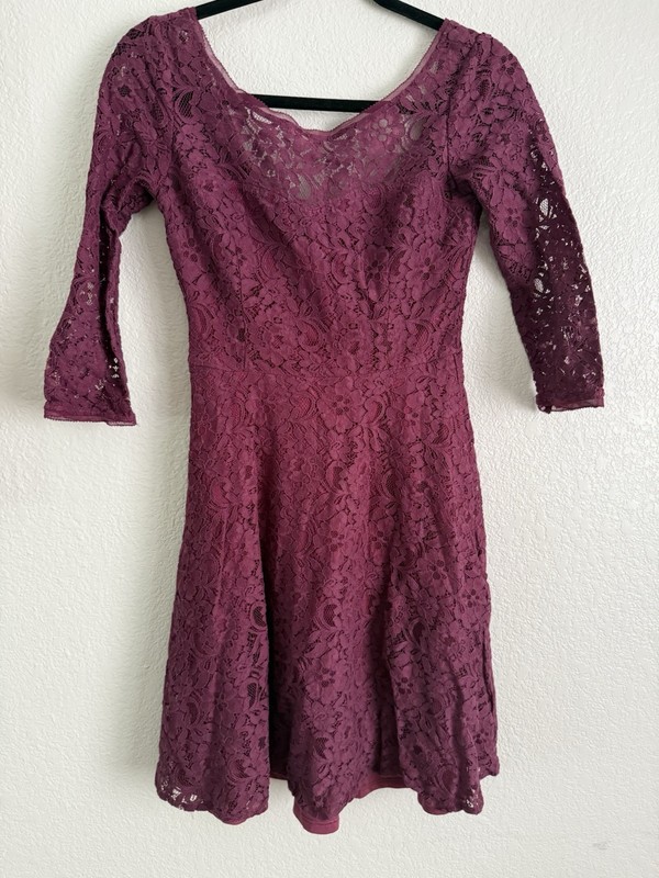 Black & White Purple Floral Lace A-Line Dress XS Girls 3/4 Sleeve Knee Length