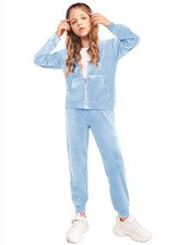 Blue Girls Velvet Tracksuit 10-12Y   2-Piece Hooded Top  Pants Set