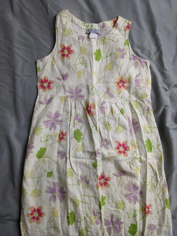 Vestido Vintage Real Comfort Para Mujer Talla 14 Beige Lino Floral Midi Cottagecore Foto 2 de 4