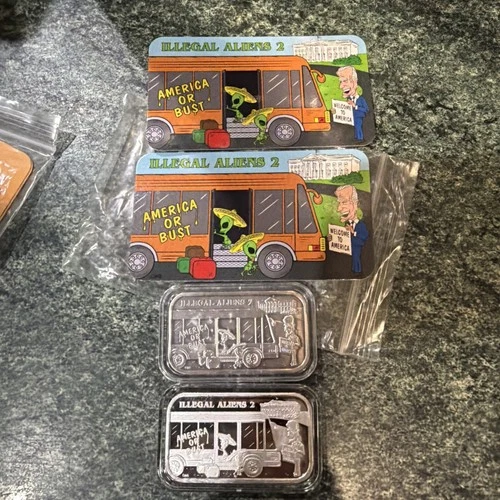 2x CMG Mint Illegal Aliens Biden 1 Oz .999 Silver Antiqued Proof Art Bar Set