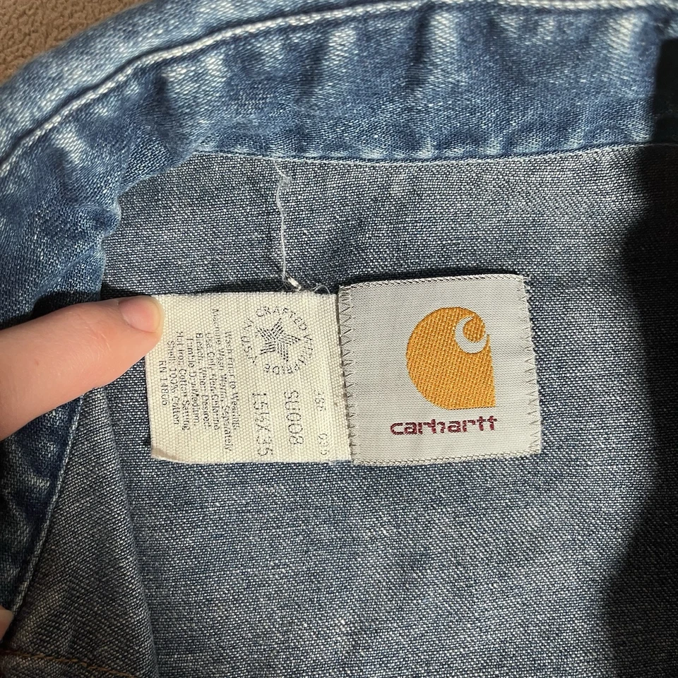 Camisa Carhartt Para Hombres Denim Western Botón a Presión Azul SO2 DNM Hecha en EE. UU. 15,5 x 35 Foto 2 de 4