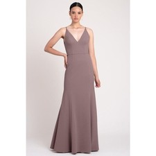 Jenny Yoo Taryn Long Formal Crepe V Neck Front & Back Bridesmaid Fig