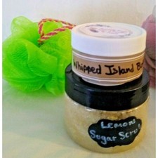 Handmade Lemon Sugar Scrub, Island Body Butter  Pouf Set Of 3 Products