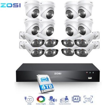 ZOSI 16CH 4K 8MP POE Security Camera System NVR 4TB Audio AI Car Detect H.265+
