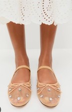Jeffrey Campbell Mesh Ballet Flats Mary Jane Rhinestone Nude Bow Square Sze 7.5