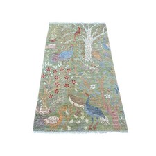 3'x5'3" Green Peshawar with Birds of Paradise Design Hand Knotted Wool Rug 21655