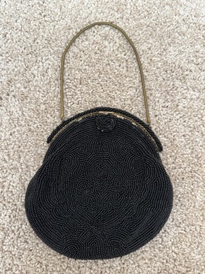 Vintage French Made Black Beaded Clutch With Wrist Strap