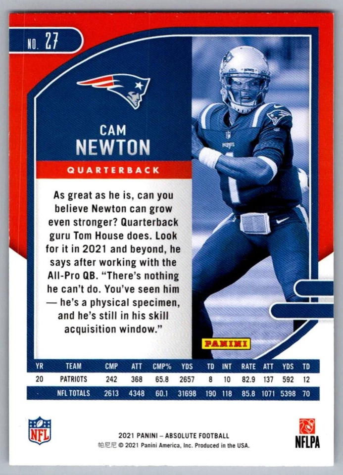 2021 Panini Absolute Cam Newton New England Patriots #27 - Image 2 of 2