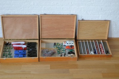 Set of traffic lessons cars and such Siku, Lucky toys, signs, etc. wooden boxes