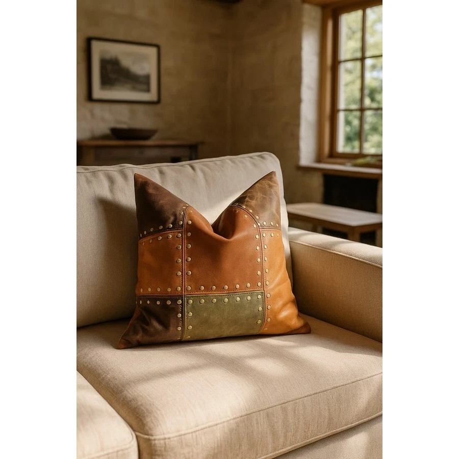 Boho Leather Cushion Cover - Handmade Rustic Tan & Olive Patchwork Pillow - Image 2 of 4