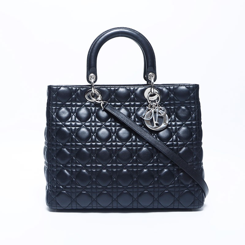 Christian Dior Lady Dior Silver Metal Large Black Leather Handbag WS11216 2-Way