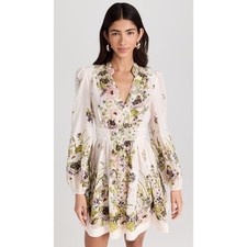 Zimmermann Halliday Floral Long Sleeve Linen Mini Dress Cream Multi US 12 NWT