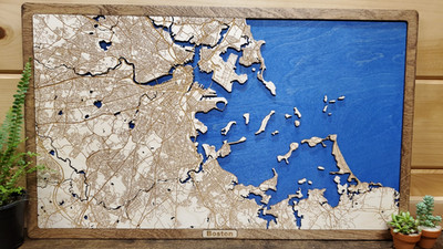 Map of Boston carved into wood, beautiful wall art piece & decor