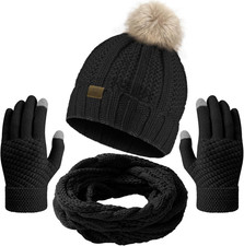 Winter Beanie Hat Circle Scarf Touchscreen Gloves Set, Snow Knit Skull Cap, Warm