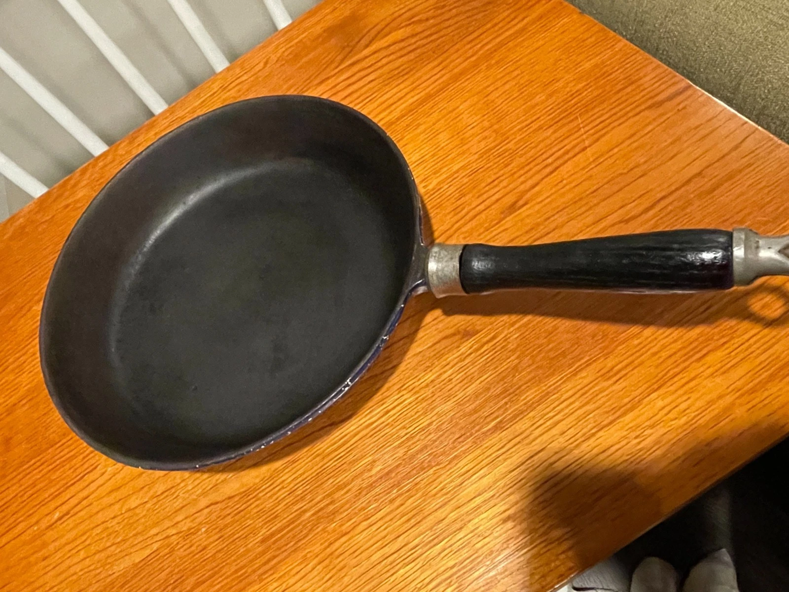 L.L. Bean Blue Speckled Cast Iron Wooden Handle Frying Pan