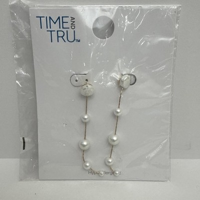 Time & Tru Studded Linear Faux Pearl Goldtone Hypo-allergenic Earrings NWT