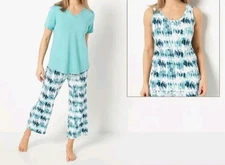 AnyBody Lush Jersey 3 Piece Tee and Tank PJ Set Teal/Tie Dye Petite XS A500559
