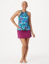 Denim  Co Beach Blue Burgundy Floral High Neck Tankini  Skirt Swimsuit New