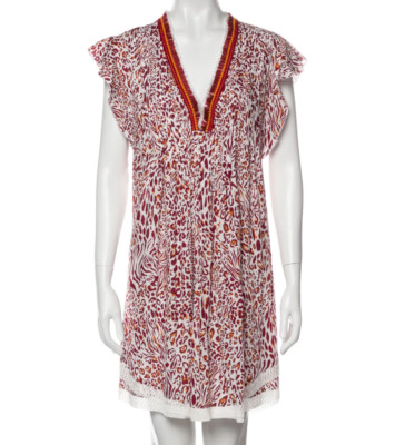 Poupette St Barth Sasha Dress Red Leopard Print Fringe Mini Resort XS New $330