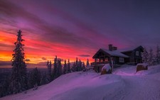 Landscape winter sunset clouds forest cottage snow cold Custom Gaming Mat Desk