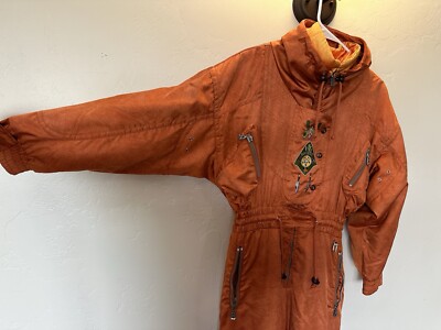 Vintage Bogner Ski Suit Size P8 Orange Embroidered Tribal