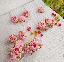 Women fashion flower  earrings tika bracelets necklace haldi mehandi babyshower