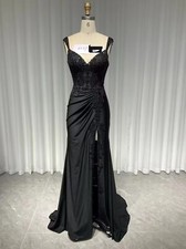 Black Mermaid Evening Dresses Spaghetti Strap Side Slit Lace Applique Prom Gowns