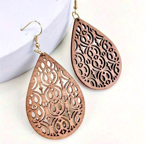 Earrings 925 ECO organic big Wooden Round Hollow Cut Out Boho Retro Dangle Drop - Picture 53 of 89