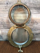  ANTIQUE REAL SHIP PORTHOLE BRONZE WALL MIRROR c.1930’s NICE NATURAL PATINA 