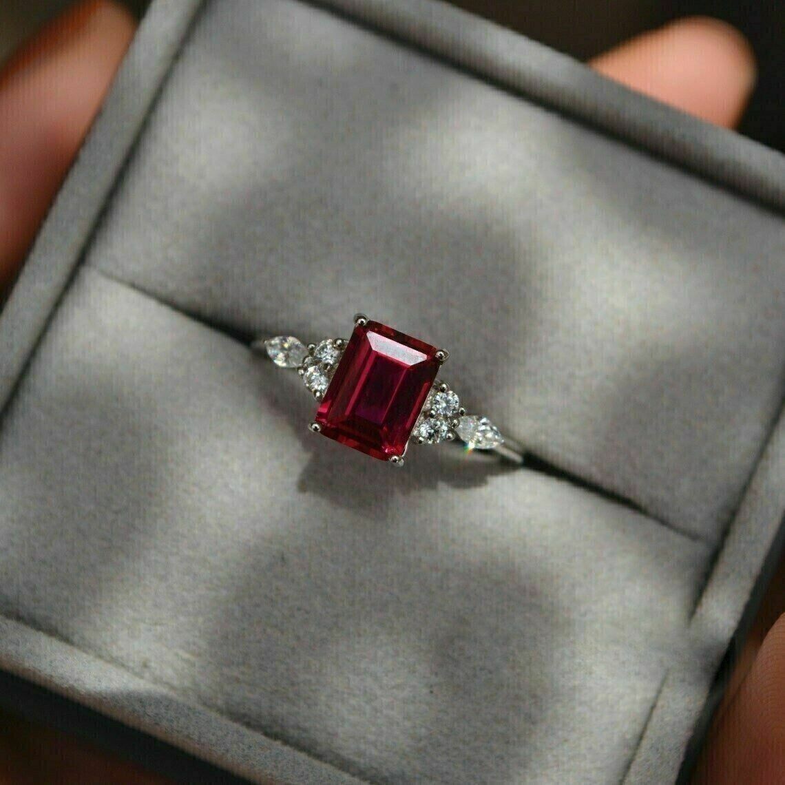 1.50Ct Emerald Cut Pink Ruby Simulated Engagement Ring 14K White Gold Plated