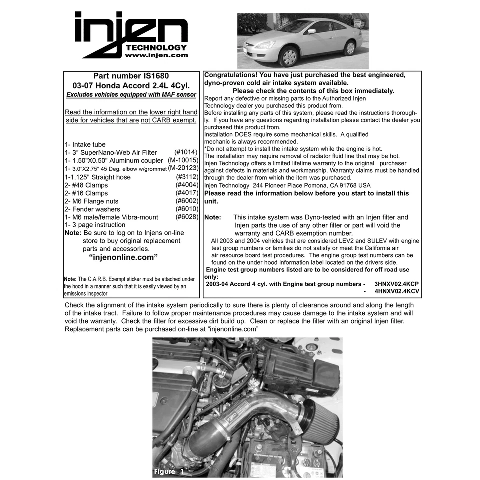 Воздухозаборник холодного воздуха Injen IS1680P алюминиевый короткий рампа для 2003-2007 Honda Accord 2,4 л - Изображение 4 из 4