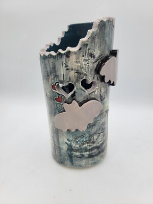 Halloween Pillar Tealight Candle Holder Handmade Art Pottery Bats Hearts