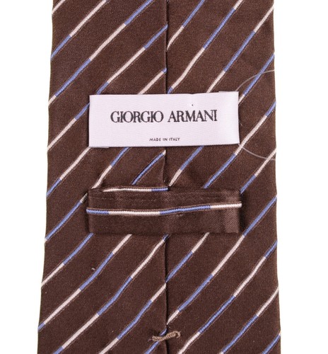 Corbata de seda Giorgio Armani hecha en ITALIA marrón chocolate satinada tejida a rayas azules - Imagen 5 de 5