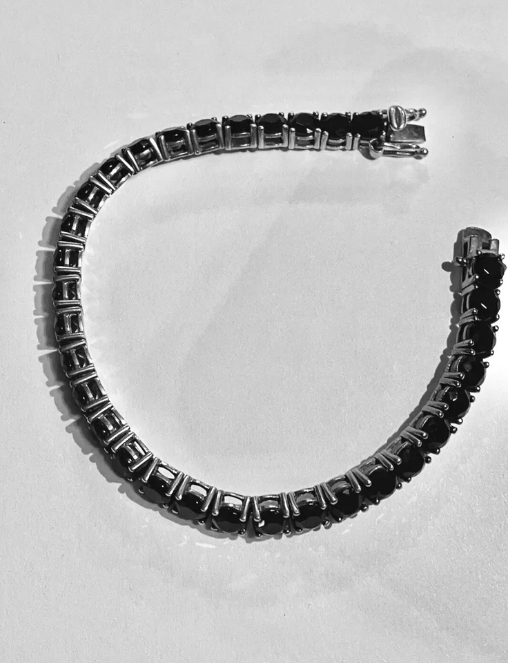 Ladies Tennis Bracelet w/ Simulated Black Onyx Stones 925 Sterling Silver 7.5'' - Image 3 of 4