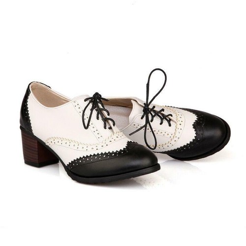 Block Heel Wingtip Oxford Shoes Lace Up 