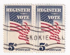 STAMP US SCOTT 1249 "Register Vote" 5 CENT 1964 USED HORIZ PAIR