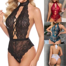 Teddy Lingerie for Women Lace Deep V Neck Bodysuit Halter One Piece Babydoll USA
