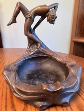 Armor Bronze Antique 1927 Art Deco Nude Lady Figure Ashtray 8 1/4" x 7 1/2"