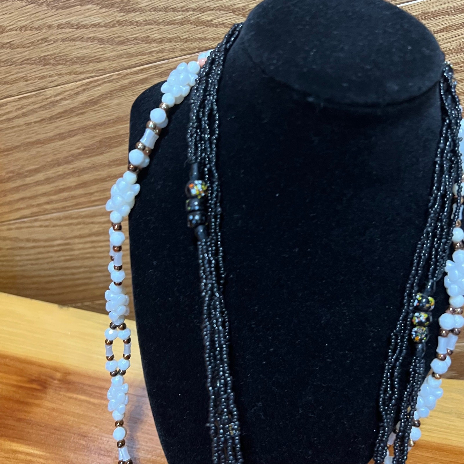 Vintage Seed Beaded Layered Necklace 2 MCM White Black Floral Handmade Beads 