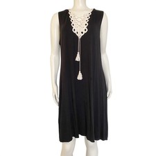 Max Studio Boho Chic Black Crochet Lace Up Shift Dress Tassel Coastal Cowgirl