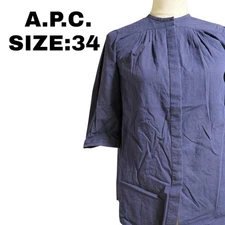 A.P.C. Woman L Stand Collar Shirt 34 Navy Blue Cotton Old Clothes Limited Editio